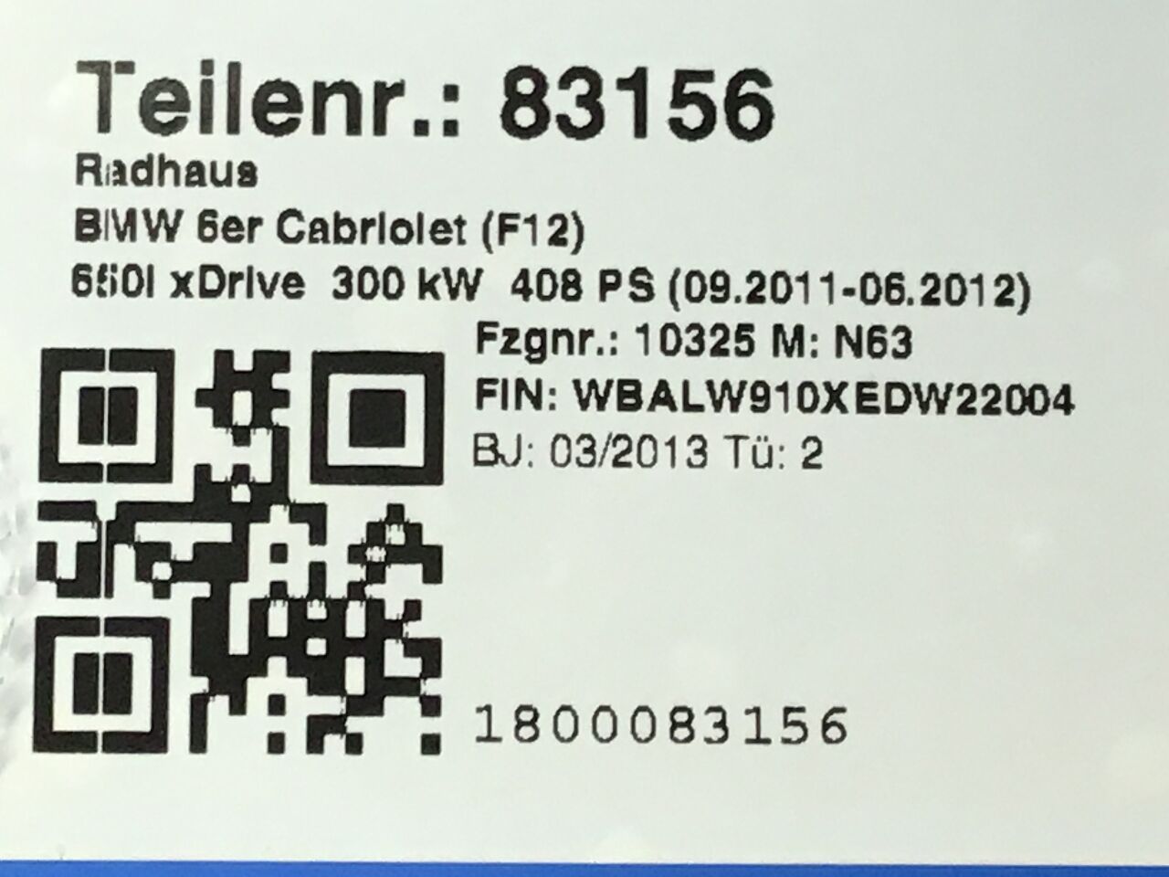 Radhaus rechts vorne BMW 6er Cabriolet (F12) 650i xDrive  300 kW  408 PS (09.2011-06.2012)