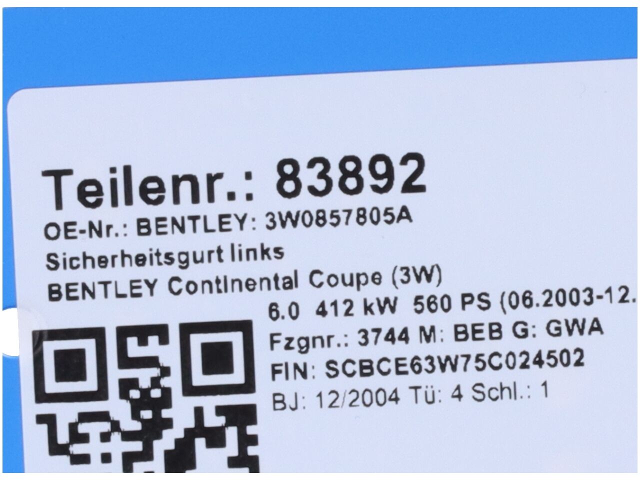 Sicherheitsgurt links BENTLEY Continental Coupe (3W) 6.0  412 kW  560 PS (06.2003-12.2011)